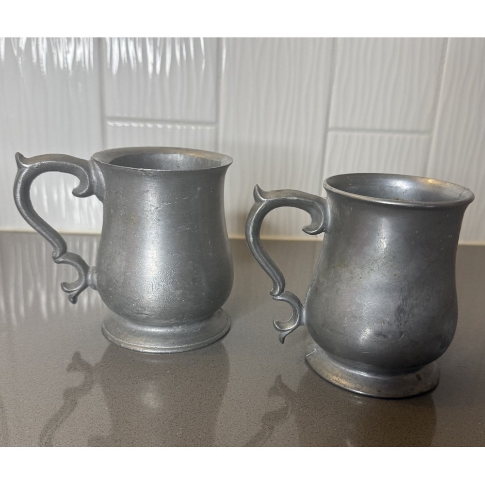 VTG Lot of 2 Pewter Tankard Mugs Beer Stein 4.5" Tavern Ornate Queen Anne Handle